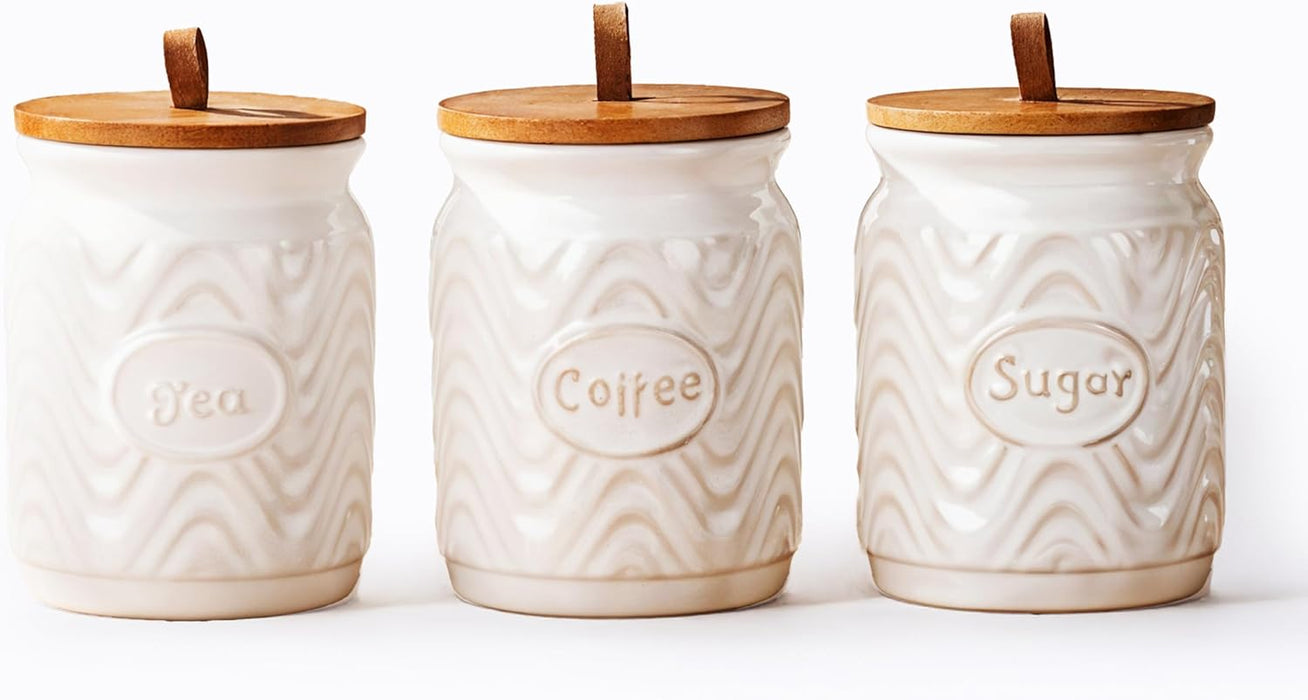 Home Harbour Clairmont Ceramic Canister Set – Tea, Coffee & Sugar Storage with Bamboo Airtight Lids