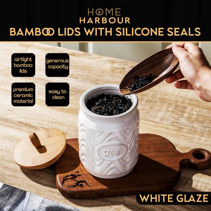 Home Harbour Clairmont Ceramic Canister Set – Tea, Coffee & Sugar Storage with Bamboo Airtight Lids