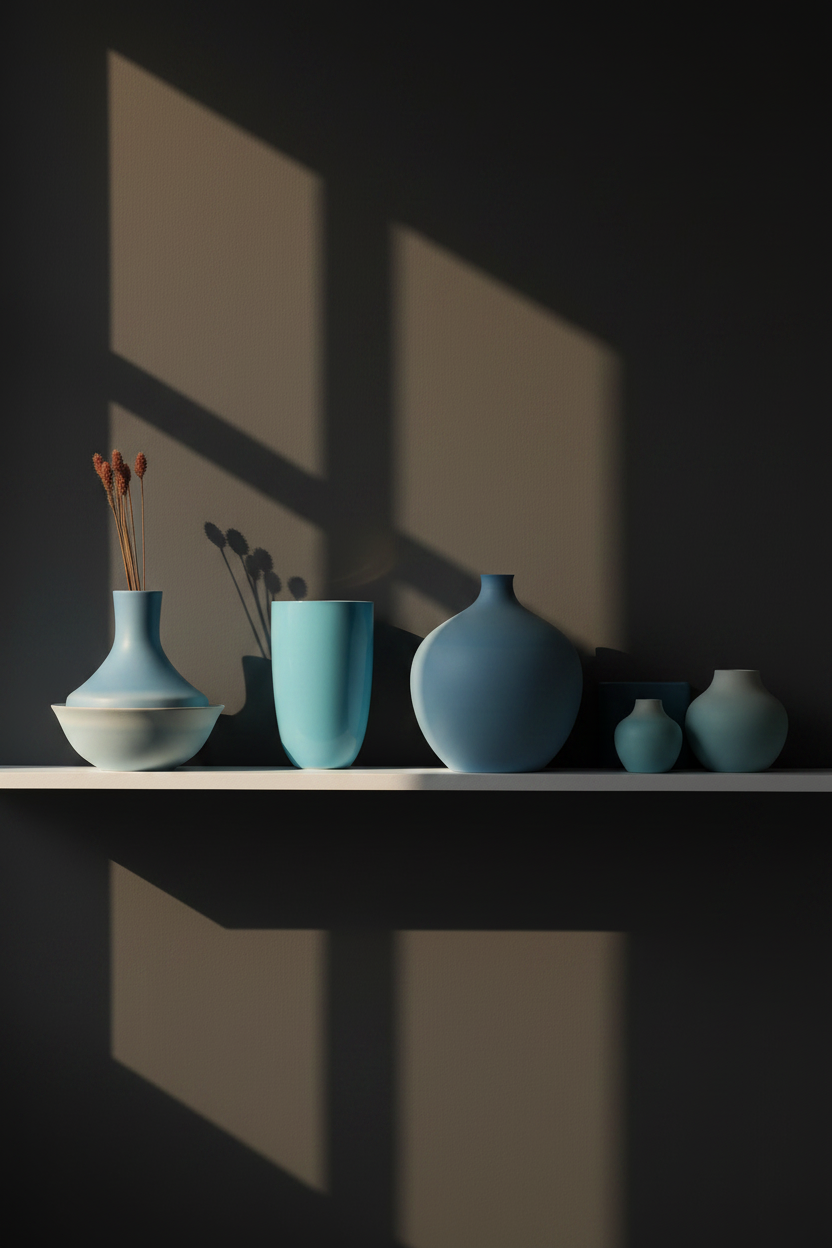 Set of blue ceramic vases on a shelf against a blue wall