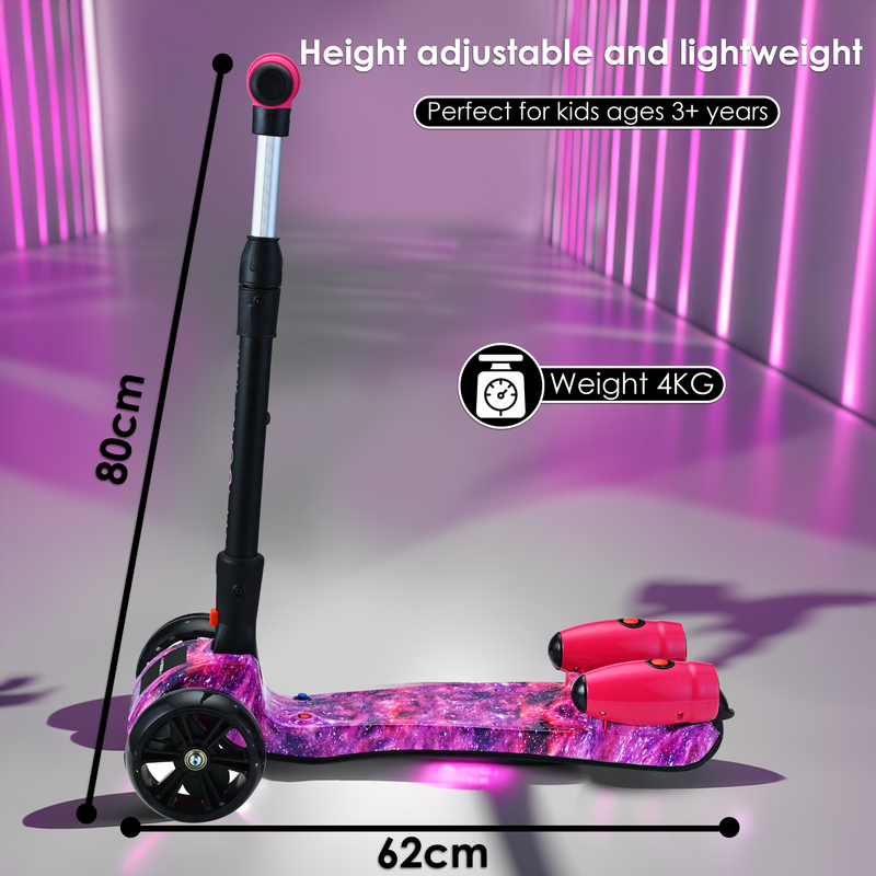 3-Wheel Foldable Kids Scooter with Bluetooth & Lights | Galaxy Pink
