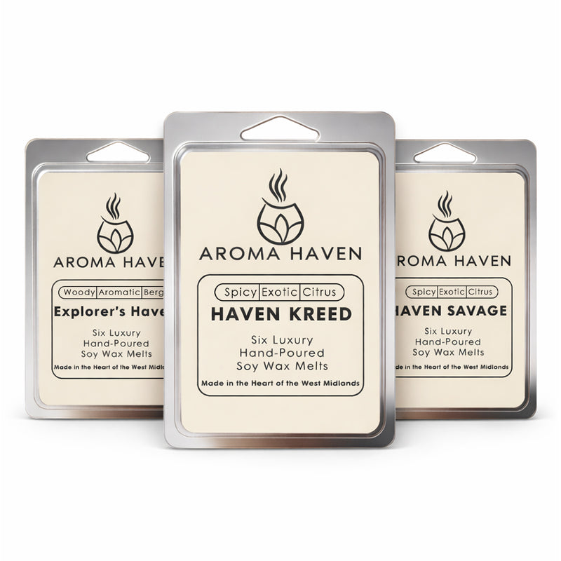 Aroma Haven Luxury Soy Wax Melts Set of 3 – Explorer’s Haven, Haven Kreed & Haven Savage | Hand-Poured UK