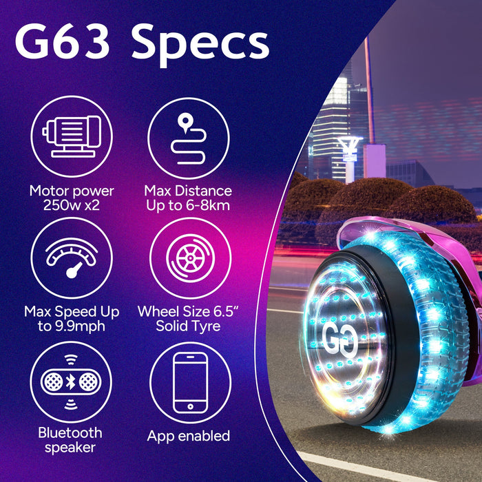 HoverBoard with Double 250W motors, speeds up to 9.9 mph, and a range of 6-8 km on 6.5” solid tires, perfect for UK commuting or fun