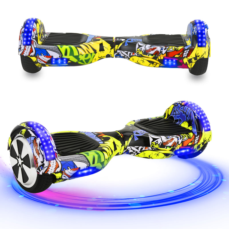 A graffiti yellow hoverboard with multicolor wheels and LED lights, featuring a comic book style graphic design.