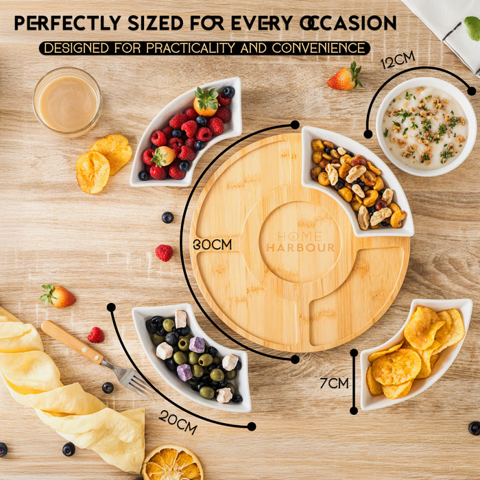 Home Harbour 5-Section Rotating Serving Platter – Ceramic Bowls on Bamboo Lazy Susan