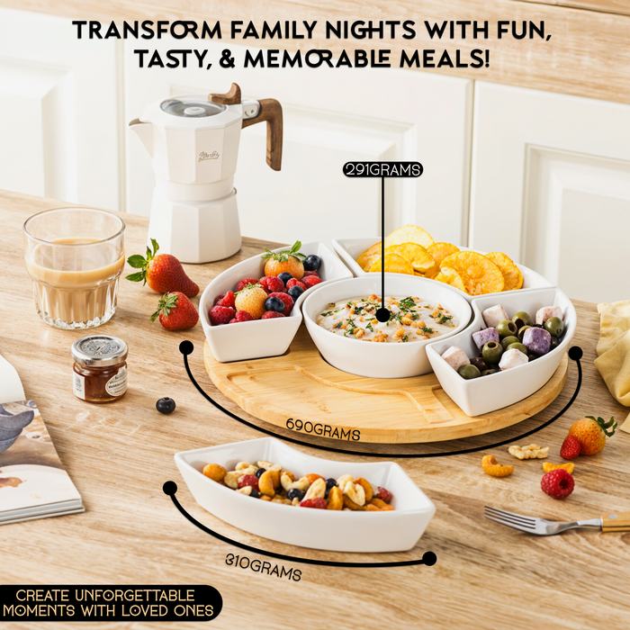 Home Harbour 5-Section Rotating Serving Platter – Ceramic Bowls on Bamboo Lazy Susan