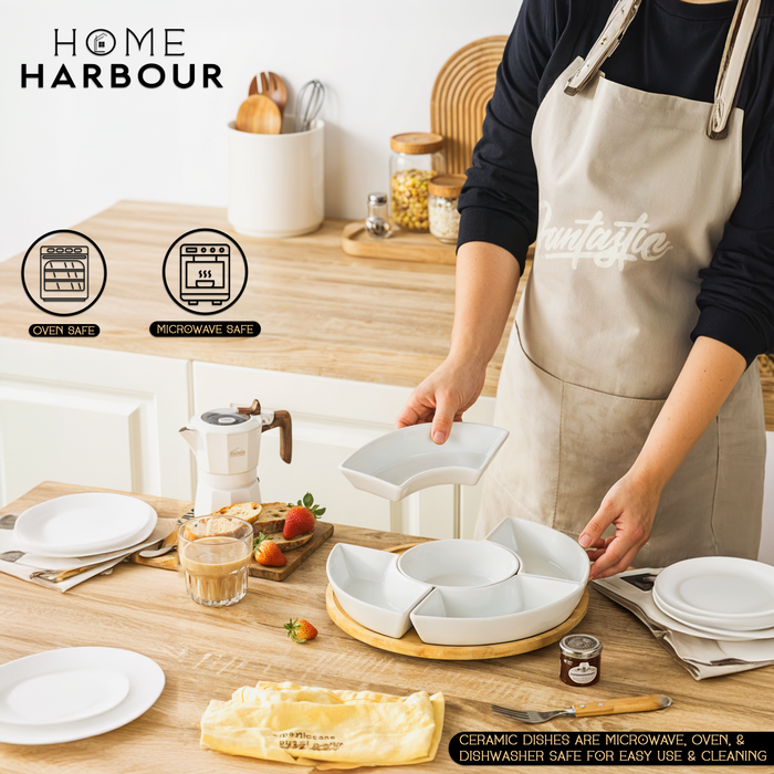 Home Harbour 5-Section Rotating Serving Platter – Ceramic Bowls on Bamboo Lazy Susan