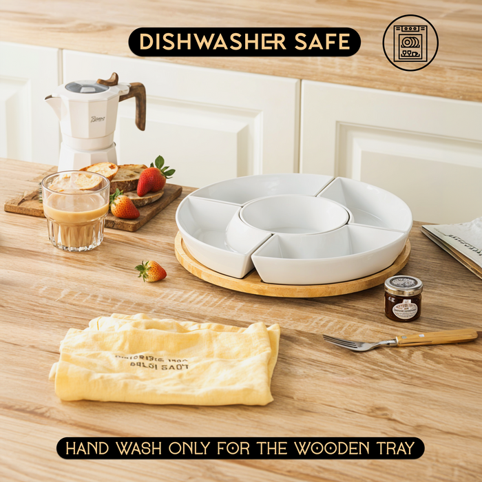 Home Harbour 5-Section Rotating Serving Platter – Ceramic Bowls on Bamboo Lazy Susan