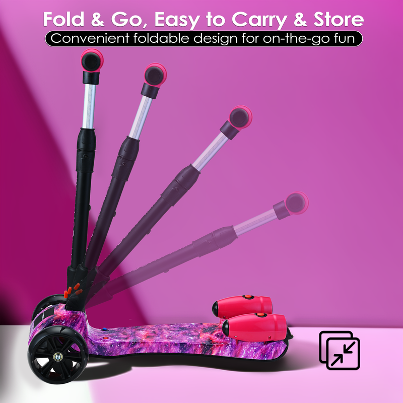 3-Wheel Foldable Kids Scooter with Bluetooth & Lights | Galaxy Pink